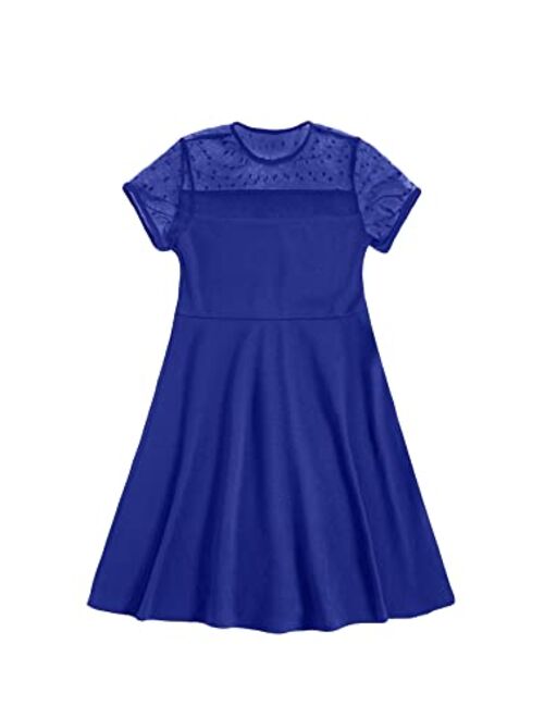 SOLY HUX Girl's Contrast Mesh Short Sleeve High Waist Flared A Line Short Dress