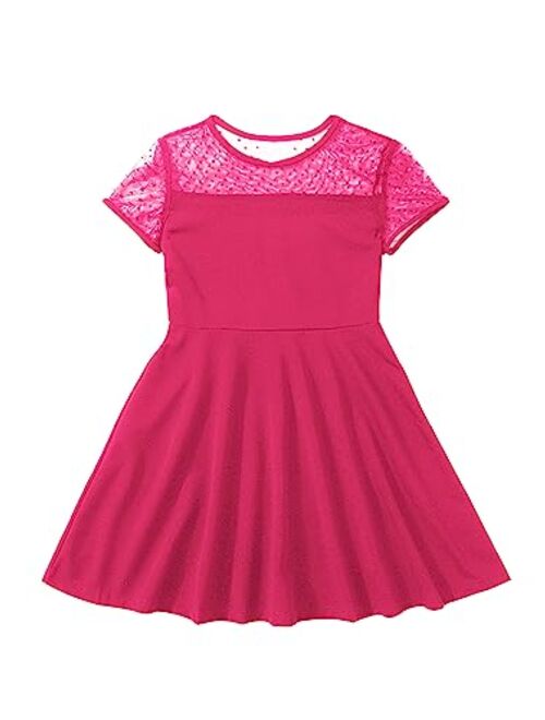 SOLY HUX Girl's Contrast Mesh Short Sleeve High Waist Flared A Line Short Dress