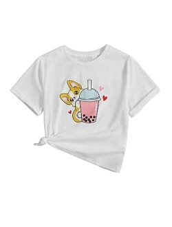 Girl's T Shirts Short Sleeve Cute Graphic Tees Crewneck Cartoon Cat Print Summer Tops