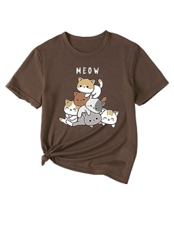 Girl's T Shirts Short Sleeve Cute Graphic Tees Crewneck Cartoon Cat Print Summer Tops