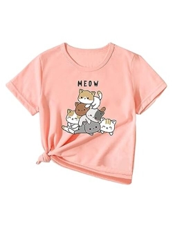 Girl's T Shirts Short Sleeve Cute Graphic Tees Crewneck Cartoon Cat Print Summer Tops