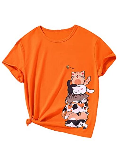 SOLY HUX Girl's T Shirts Short Sleeve Cute Graphic Tees Crewneck Cartoon Cat Print Summer Tops