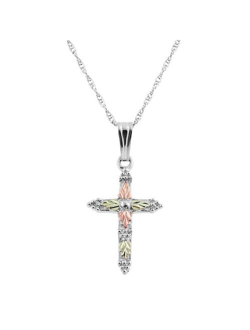 Black Hills Gold Tri Tone Leaf Cross Pendant in Sterling Silver