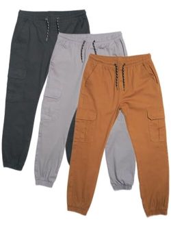 RGSTR 3 Pack Boys Twill Cargo Joggers - Stretch Elastic Waist Pull on Pants with Drawstring and 5 Pockets