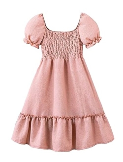 Girl's Square Neck Puff Short Sleeve Shirred Ruffle Hem A Line Dress Summer Dresses