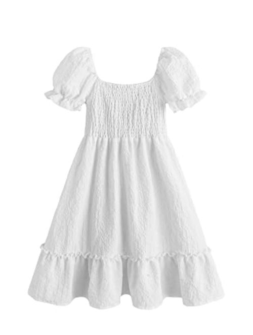 SOLY HUX Girl's Square Neck Puff Short Sleeve Shirred Ruffle Hem A Line Dress Summer Dresses