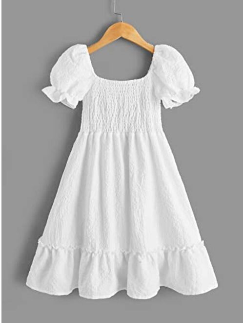 SOLY HUX Girl's Square Neck Puff Short Sleeve Shirred Ruffle Hem A Line Dress Summer Dresses