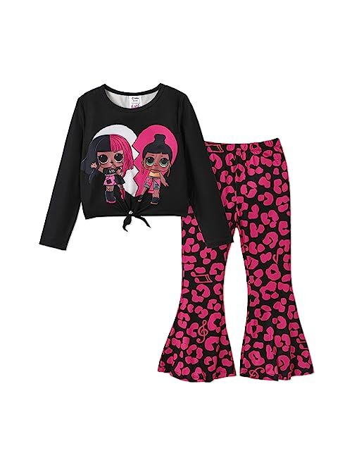 L.O.L. Surprise! Girls 2 Piece Outfits Tie Knot Long Sleeve Tee Top and Heart Pink Bell Bottom Flared Pants Set