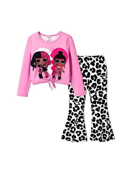 L.O.L. Surprise! Girls 2 Piece Outfits Tie Knot Long Sleeve Tee Top and Heart Pink Bell Bottom Flared Pants Set