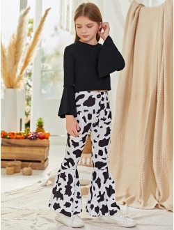 Girl's Long Sleeve Top and Houndstooth Flare Leg Pants Set