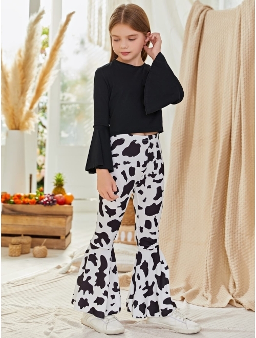 WDIRARA Girl's Long Sleeve Top and Houndstooth Flare Leg Pants Set