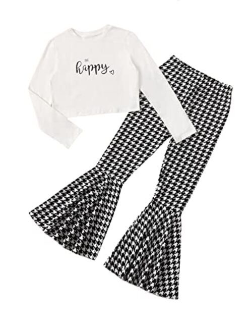 WDIRARA Girl's Long Sleeve Top and Houndstooth Flare Leg Pants Set