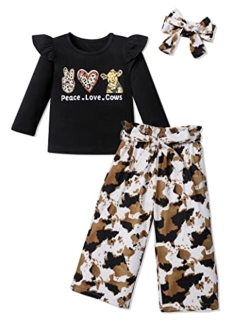 CRISONE Toddler Girl Clothes Letter Print Ruffled Shirt+Long Pants+Headband 3pcs Cute Fall Outfit Set