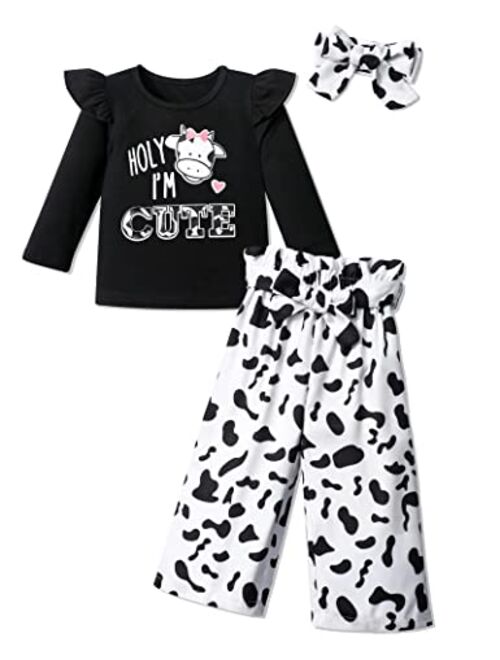 CRISONE Toddler Girl Clothes Letter Print Ruffled Shirt+Long Pants+Headband 3pcs Cute Fall Outfit Set