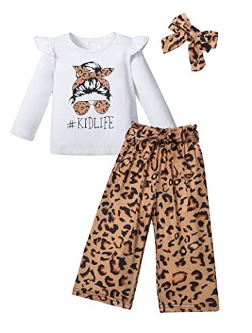 CRISONE Toddler Girl Clothes Letter Print Ruffled Shirt+Long Pants+Headband 3pcs Cute Fall Outfit Set