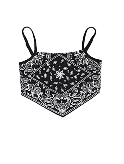 SOLY HUX Girl's Spaghetti Strap Cow Print Asymmetrical Hem Bandana Cami Crop Top