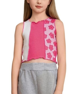 Girls Colorblock & Floral Print Ribbed Knit Tank Top Cute Clothes Fashion 2023