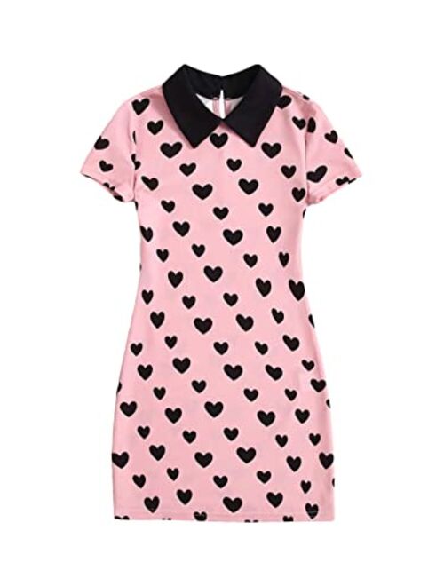 SOLY HUX Girl's Heart Print Contrast Collar Short Sleeve Bodycon Dress