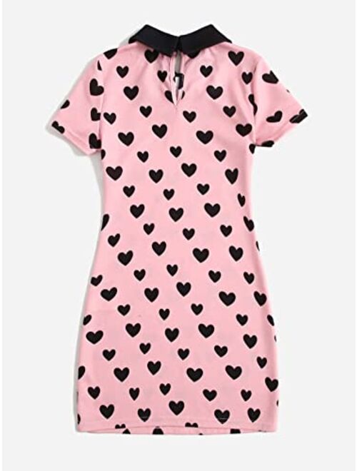 SOLY HUX Girl's Heart Print Contrast Collar Short Sleeve Bodycon Dress