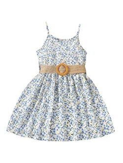 Toddler Girl's Ditsy Floral Print Spaghetti Strap Belted Cami Dress Summer Dresses