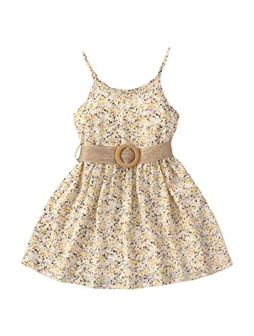 SOLY HUX Toddler Girl's Ditsy Floral Print Spaghetti Strap Belted Cami Dress Summer Dresses