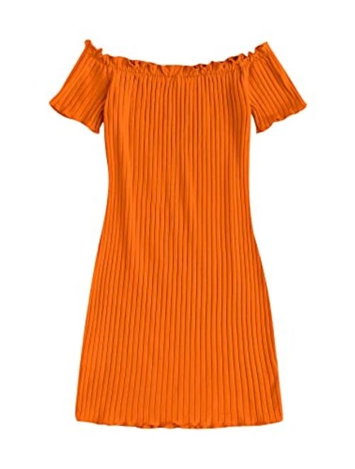 SOLY HUX Girl's Off Shoulder Short Sleeve Lettuce Trim Bodycon Short Dress