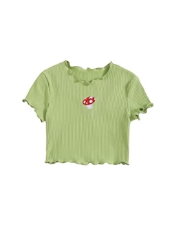 Girl's Cartoon Embroidery Short Sleeve Tee Lettuce Trim Crop Top T Shirt