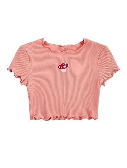 Girl's Cartoon Embroidery Short Sleeve Tee Lettuce Trim Crop Top T Shirt