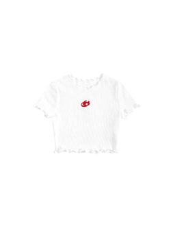 Girl's Cartoon Embroidery Short Sleeve Tee Lettuce Trim Crop Top T Shirt