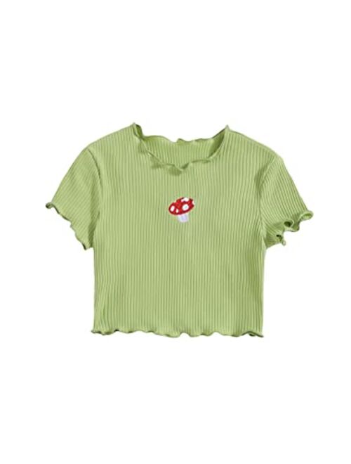 SOLY HUX Girl's Cartoon Embroidery Short Sleeve Tee Lettuce Trim Crop Top T Shirt