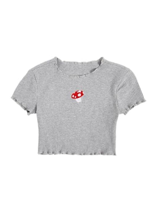 SOLY HUX Girl's Cartoon Embroidery Short Sleeve Tee Lettuce Trim Crop Top T Shirt