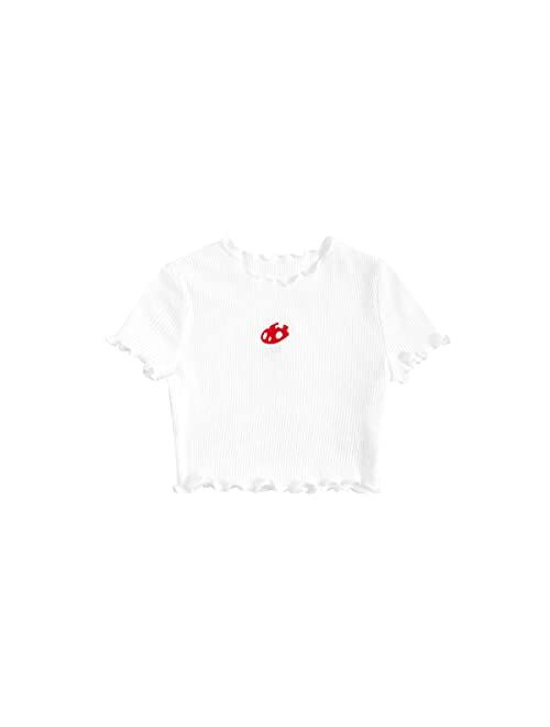 SOLY HUX Girl's Cartoon Embroidery Short Sleeve Tee Lettuce Trim Crop Top T Shirt