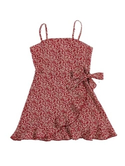 Girl's Spaghetti Strap Dress Floral Print Sleeveless Summer Beach Casual Sundress A-line Mini Dresses