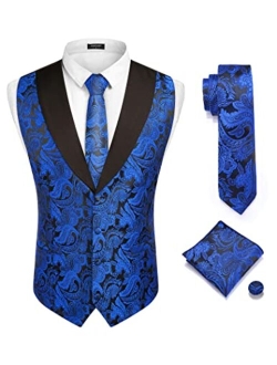 Men's Suit Vests Set 3PCS Classic Paisley Floral Jacquard Waistcoat Set Formal Waistcoat for Wedding Prom Tuxedo