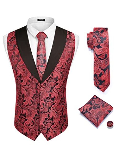 COOFANDY Men's Suit Vests Set 3PCS Classic Paisley Floral Jacquard Waistcoat Set Formal Waistcoat for Wedding Prom Tuxedo