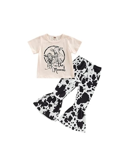 Madjtlqy Toddler Baby Girls Outfits Long/Short Sleeve Cartoon Cow Head Print Top & Flare Pants Set Kids Clothes