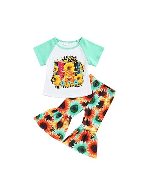 Madjtlqy Toddler Baby Girls Outfits Long/Short Sleeve Cartoon Cow Head Print Top & Flare Pants Set Kids Clothes