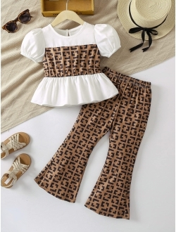 OYOANGLE Girl's 2 Piece Geo Print Short Puff Sleeve Peplum Blouse Top and Flared Leg Pants Set