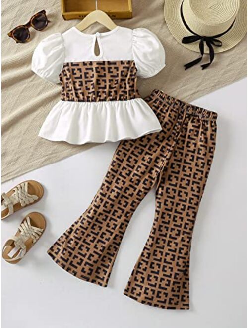 OYOANGLE Girl's 2 Piece Geo Print Short Puff Sleeve Peplum Blouse Top and Flared Leg Pants Set