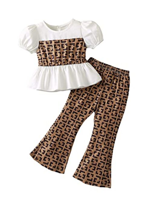 OYOANGLE Girl's 2 Piece Geo Print Short Puff Sleeve Peplum Blouse Top and Flared Leg Pants Set