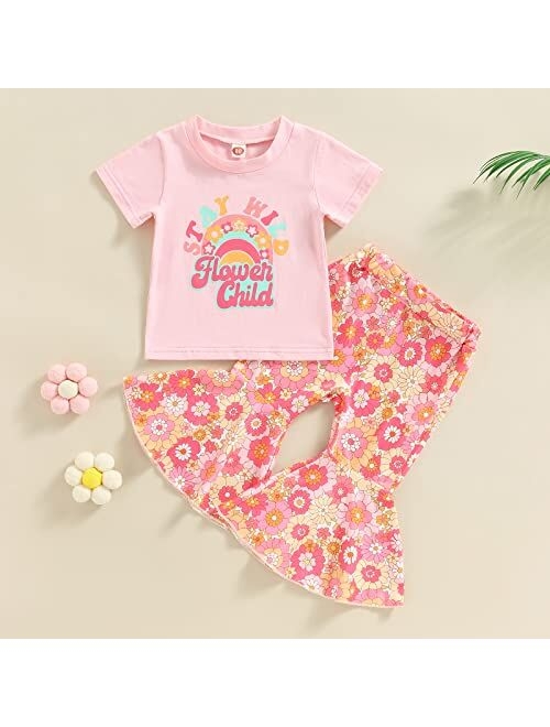 Creugole Kids Girls Clothes Set Letter Print Short Sleeve Crew Neck T-Shirts Tops and Floral Print Flare Pants 2Pcs Suit