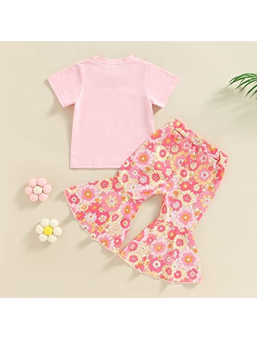 Creugole Kids Girls Clothes Set Letter Print Short Sleeve Crew Neck T-Shirts Tops and Floral Print Flare Pants 2Pcs Suit