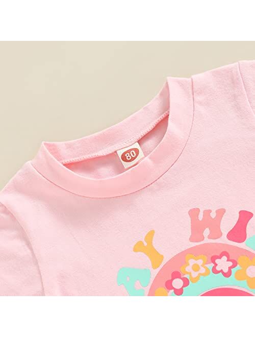 Creugole Kids Girls Clothes Set Letter Print Short Sleeve Crew Neck T-Shirts Tops and Floral Print Flare Pants 2Pcs Suit