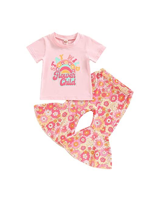 Creugole Kids Girls Clothes Set Letter Print Short Sleeve Crew Neck T-Shirts Tops and Floral Print Flare Pants 2Pcs Suit