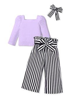 Ribabz Toddler Girl Clothes, Toddler Outfit Square Neck Puff Long Sleeve Top + Striped Pants + Headband 3Pcs Set