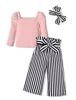 Ribabz Toddler Girl Clothes, Toddler Outfit Square Neck Puff Long Sleeve Top + Striped Pants + Headband 3Pcs Set