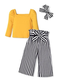 Ribabz Toddler Girl Clothes, Toddler Outfit Square Neck Puff Long Sleeve Top + Striped Pants + Headband 3Pcs Set