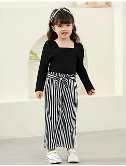 Ribabz Toddler Girl Clothes, Toddler Outfit Square Neck Puff Long Sleeve Top + Striped Pants + Headband 3Pcs Set