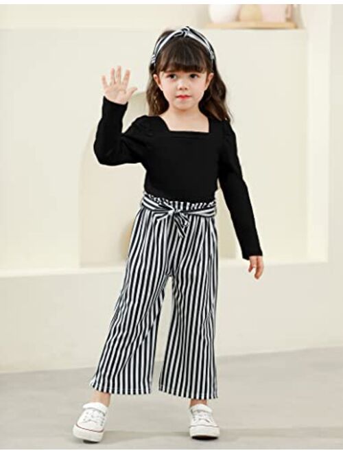 Ribabz Toddler Girl Clothes, Toddler Outfit Square Neck Puff Long Sleeve Top + Striped Pants + Headband 3Pcs Set