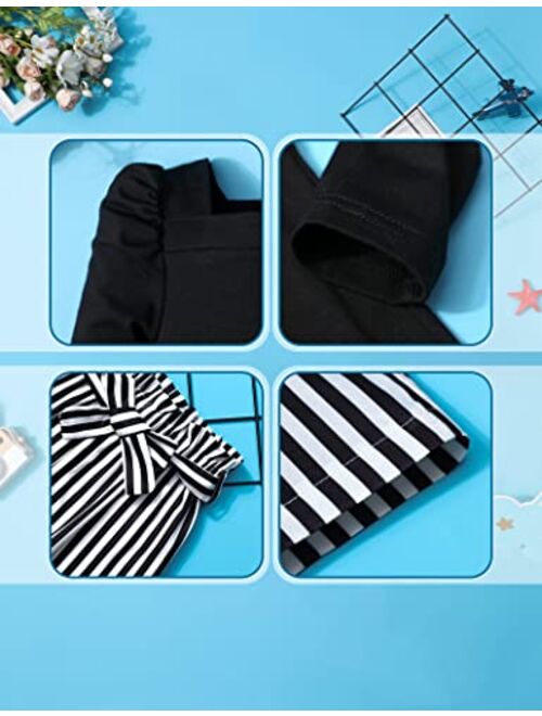 Ribabz Toddler Girl Clothes, Toddler Outfit Square Neck Puff Long Sleeve Top + Striped Pants + Headband 3Pcs Set